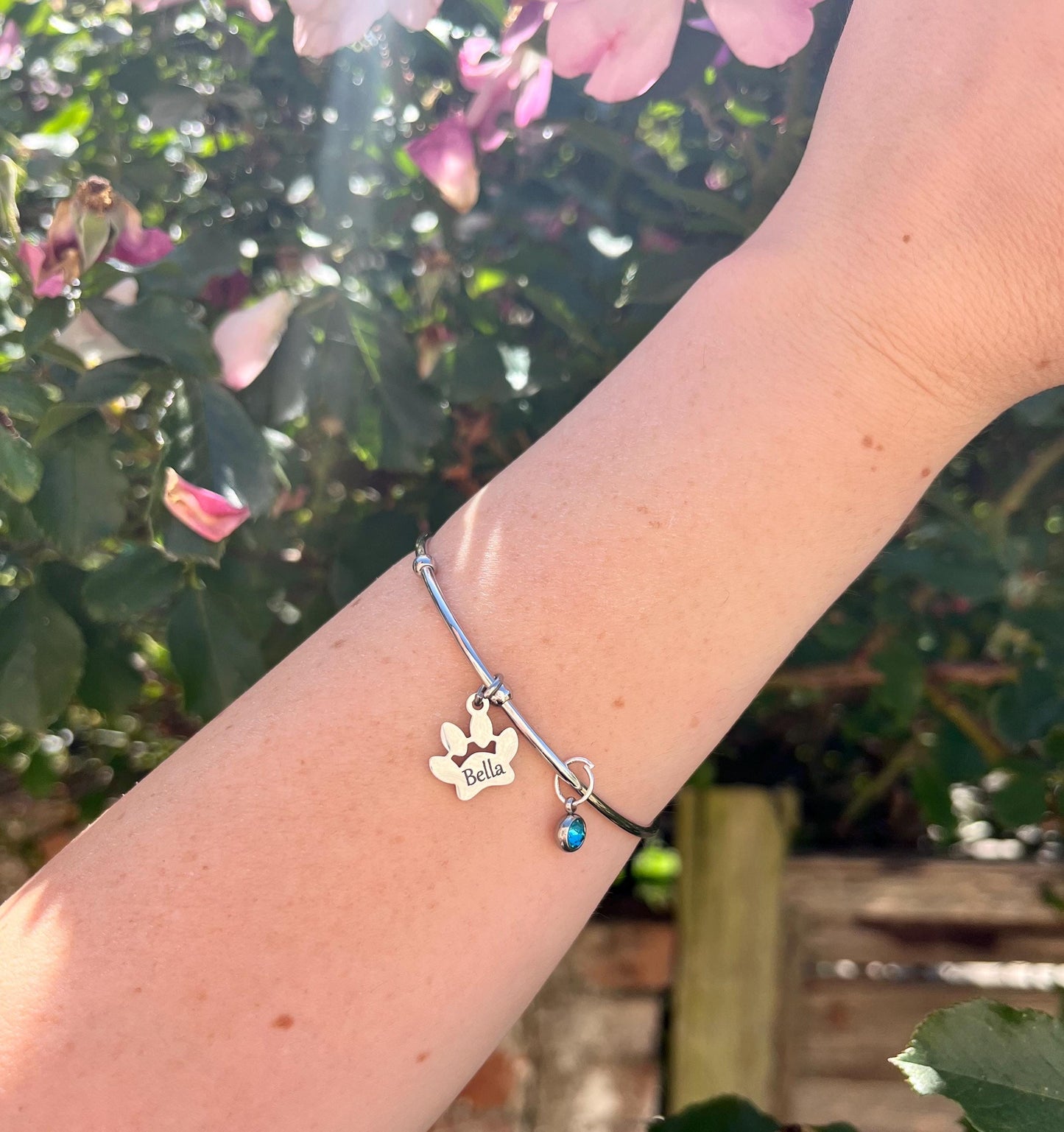 Engraved Paw Print Bangle, Custom Silver Charm Bracelet, Engraved Bracelet with Pet Name, Pet Memorial Necklace, Birthstone Dog Memorial