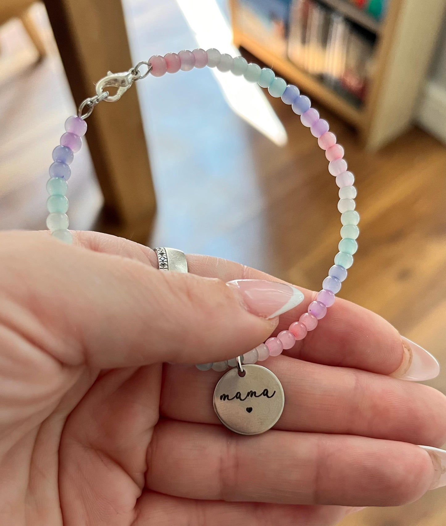 Rainbow Custom Name Engraved Bead Bracelet, Silver Charm Bracelet, Personalised Jewellery Birthday Gift, Engraved Bangle, Ladies Jewellery