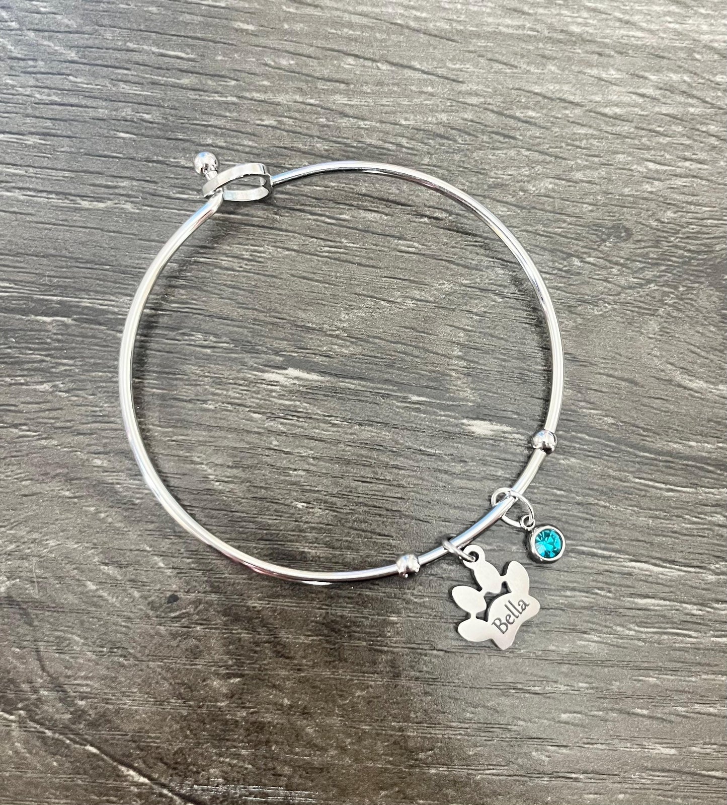 Engraved Paw Print Bangle, Custom Silver Charm Bracelet, Engraved Bracelet with Pet Name, Pet Memorial Necklace, Birthstone Dog Memorial