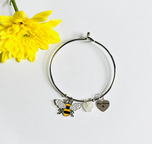 Teacher Gift Personalised Engraved Bracelet with Bee Charm, Teacher Bangle, End of School Gift, Thank You Bracelet, Teacher Bracelet,