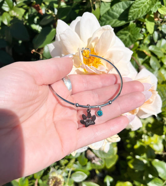 Engraved Paw Print Bangle, Custom Silver Charm Bracelet, Engraved Bracelet with Pet Name, Pet Memorial Necklace, Birthstone Dog Memorial