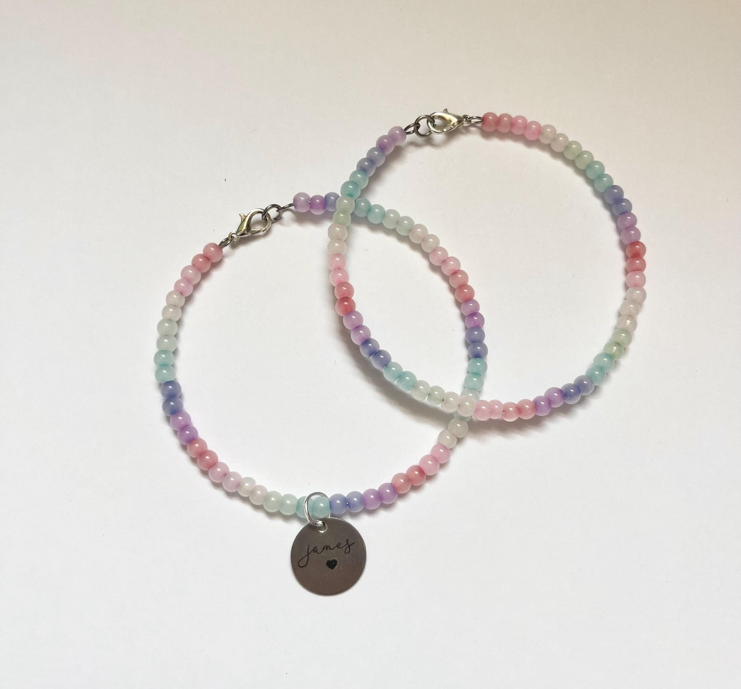 Rainbow Custom Name Engraved Bead Bracelet, Silver Charm Bracelet, Personalised Jewellery Birthday Gift, Engraved Bangle, Ladies Jewellery