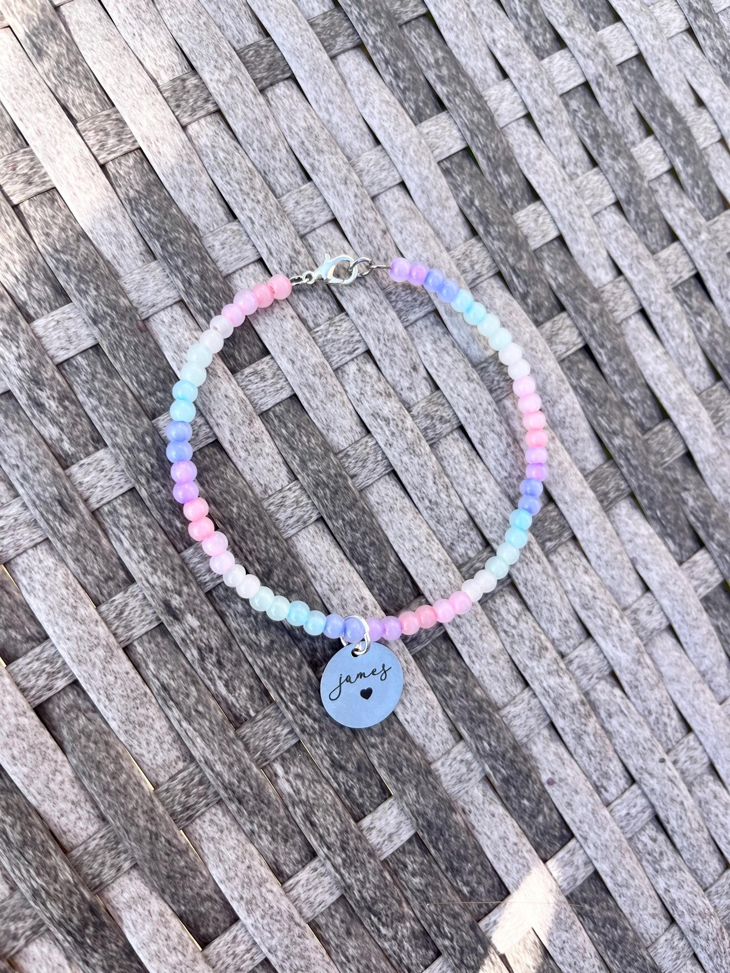 Rainbow Custom Name Engraved Bead Bracelet, Silver Charm Bracelet, Personalised Jewellery Birthday Gift, Engraved Bangle, Ladies Jewellery