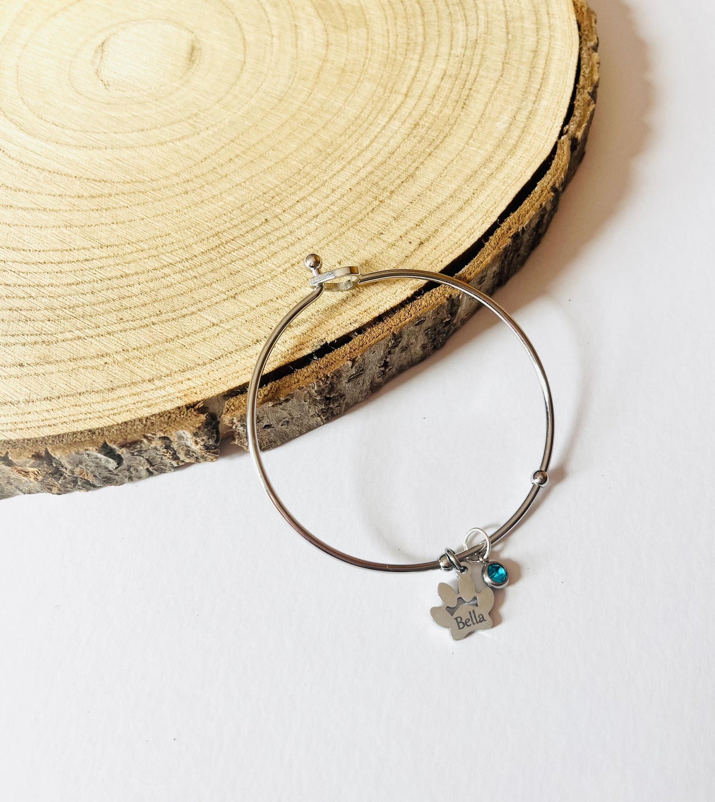 Engraved Paw Print Bangle, Custom Silver Charm Bracelet, Engraved Bracelet with Pet Name, Pet Memorial Necklace, Birthstone Dog Memorial