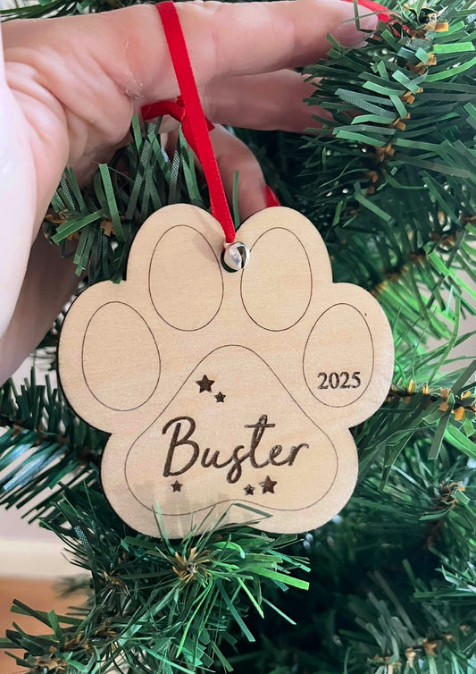 Personalised Paw Print Dog Decoration with Name for Christmas Tree