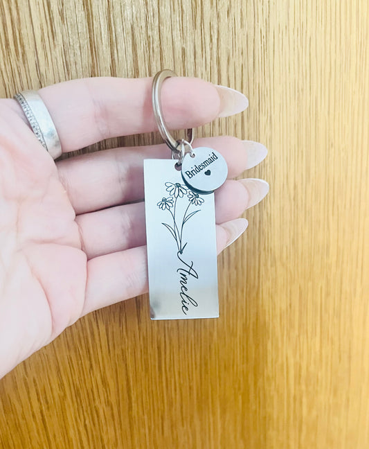 Engraved Floral Keyring Personalised with Name, Bridesmaid Keyring, Birth Flower Gift, Bridesmaid Gift, Gift for Mum, Stainless Steel Keyrin