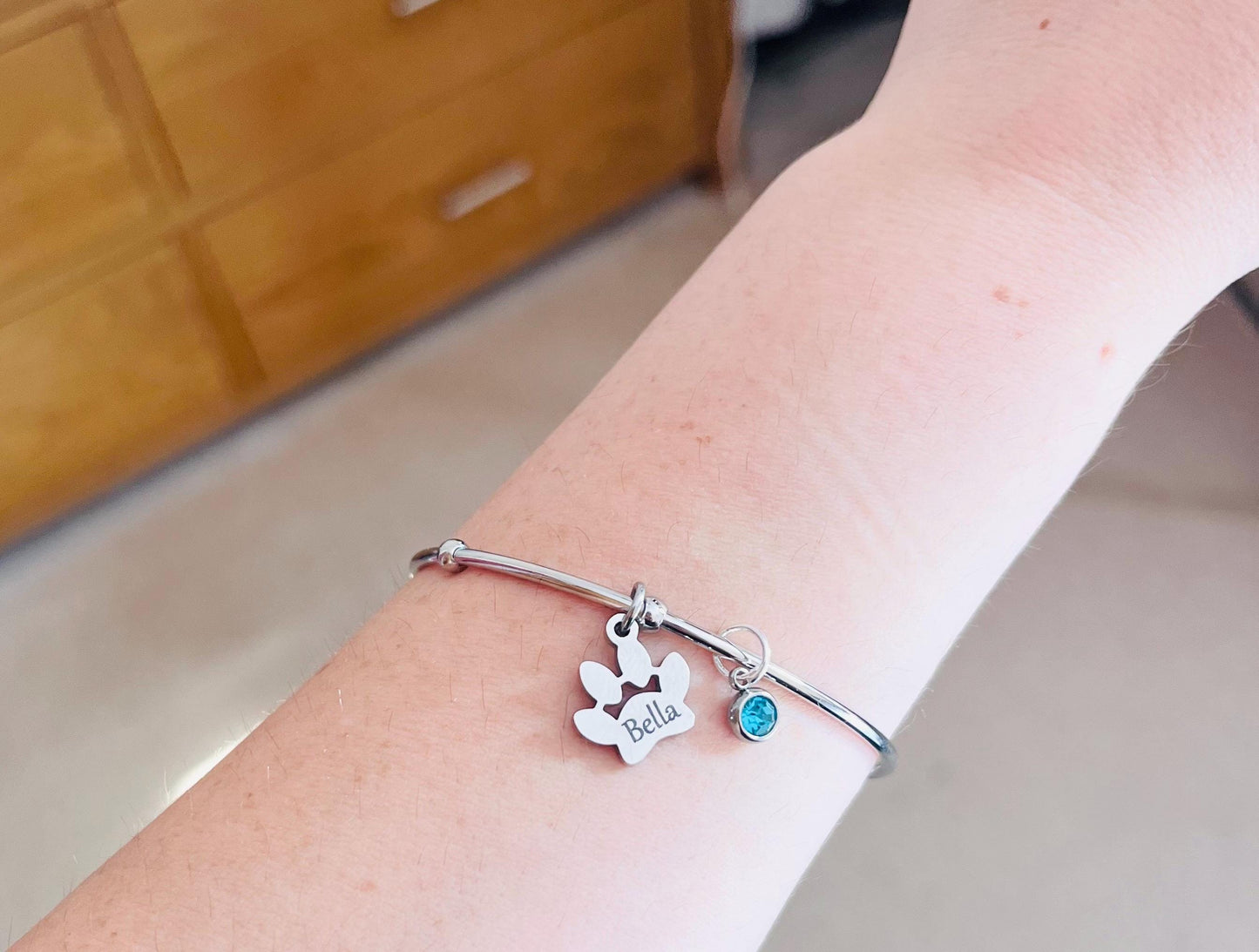 Engraved Paw Print Bangle, Custom Silver Charm Bracelet, Engraved Bracelet with Pet Name, Pet Memorial Necklace, Birthstone Dog Memorial