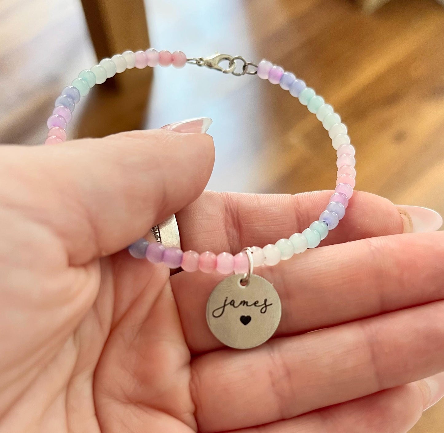 Rainbow Custom Name Engraved Bead Bracelet, Silver Charm Bracelet, Personalised Jewellery Birthday Gift, Engraved Bangle, Ladies Jewellery