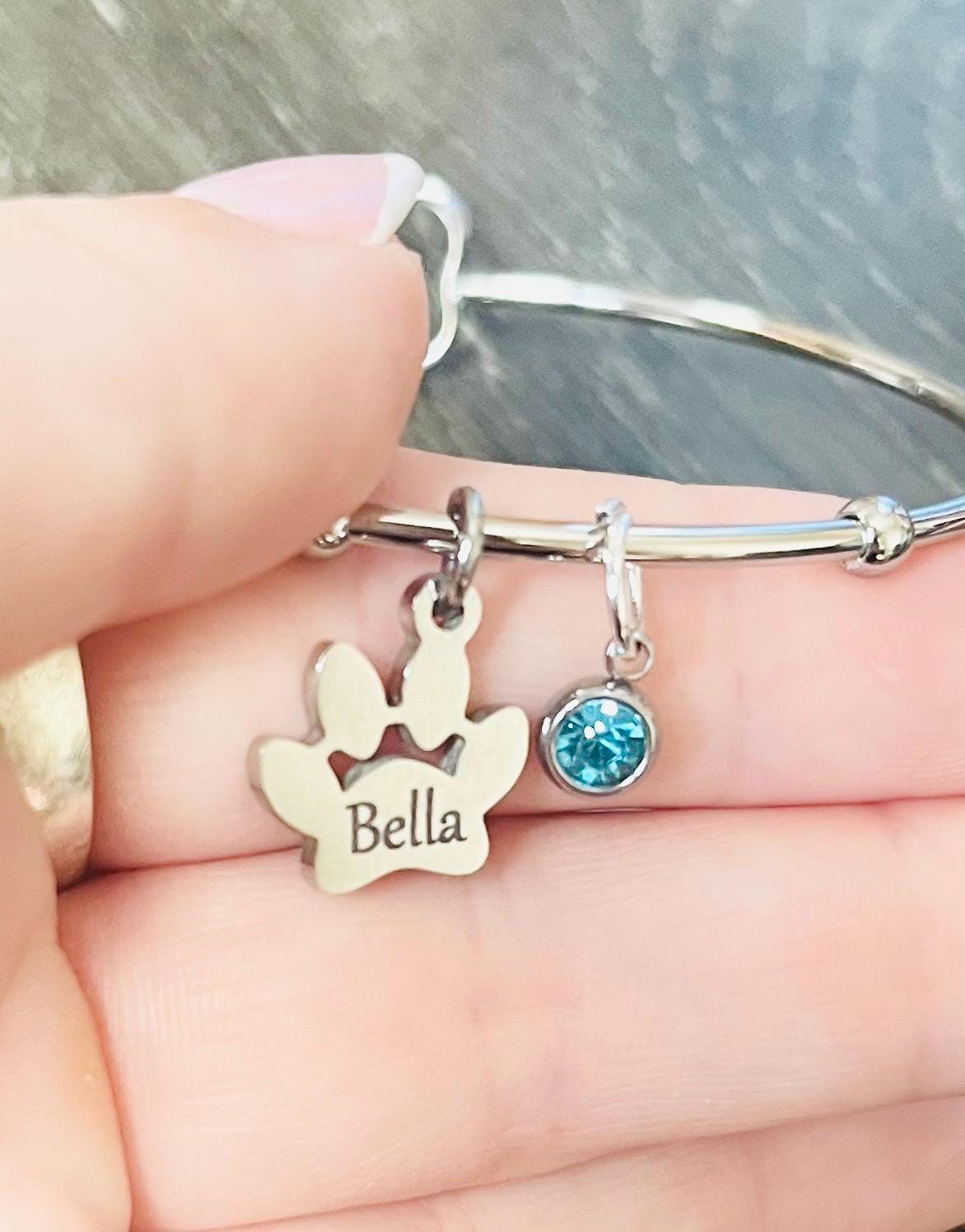 Engraved Paw Print Bangle, Custom Silver Charm Bracelet, Engraved Bracelet with Pet Name, Pet Memorial Necklace, Birthstone Dog Memorial