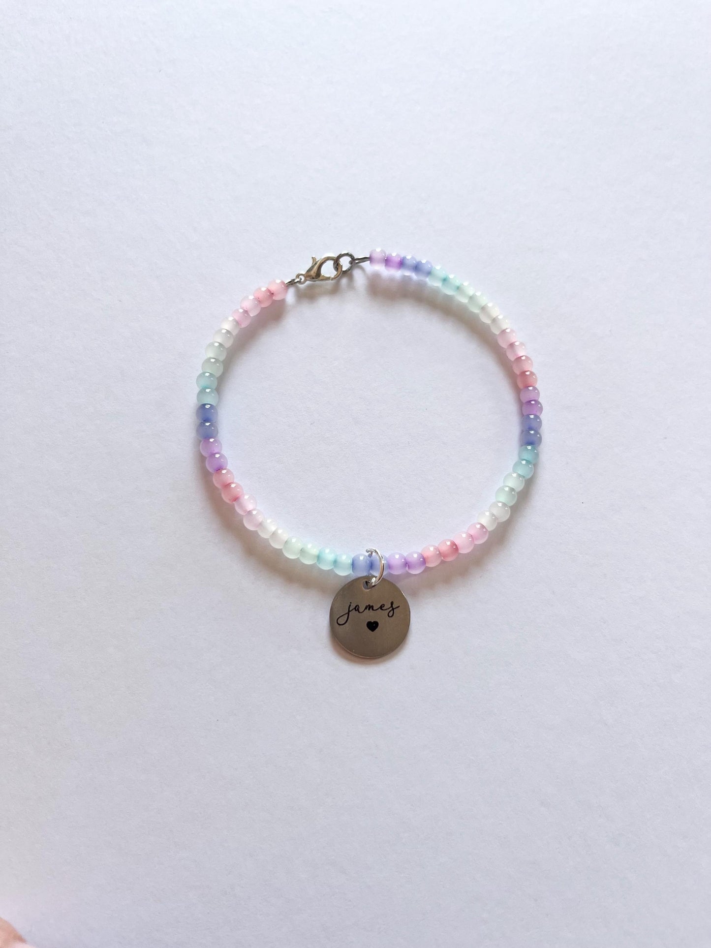Rainbow Custom Name Engraved Bead Bracelet, Silver Charm Bracelet, Personalised Jewellery Birthday Gift, Engraved Bangle, Ladies Jewellery