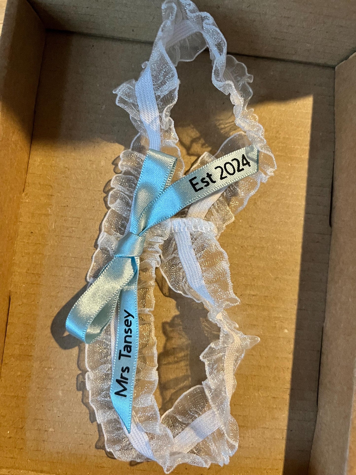 Personalised Blue Bride Garter, Wedding Gift for the Bride, Hen Party Accessories, Bride on her Wedding Day, Something Blue to Wear