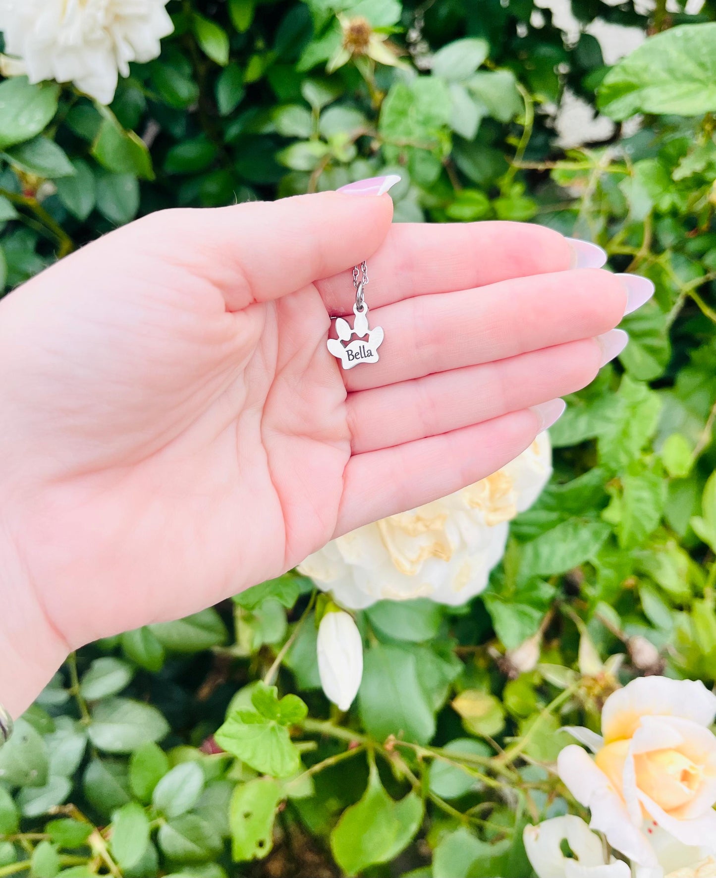 Engraved Paw Print Necklace, Custom Silver Charm Necklace, Engraved Necklace with Pet Name, Pet Memorial Necklace, Birthstone Dog Memorial