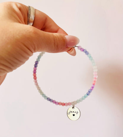 Rainbow Custom Name Engraved Bead Bracelet, Silver Charm Bracelet, Personalised Jewellery Birthday Gift, Engraved Bangle, Ladies Jewellery