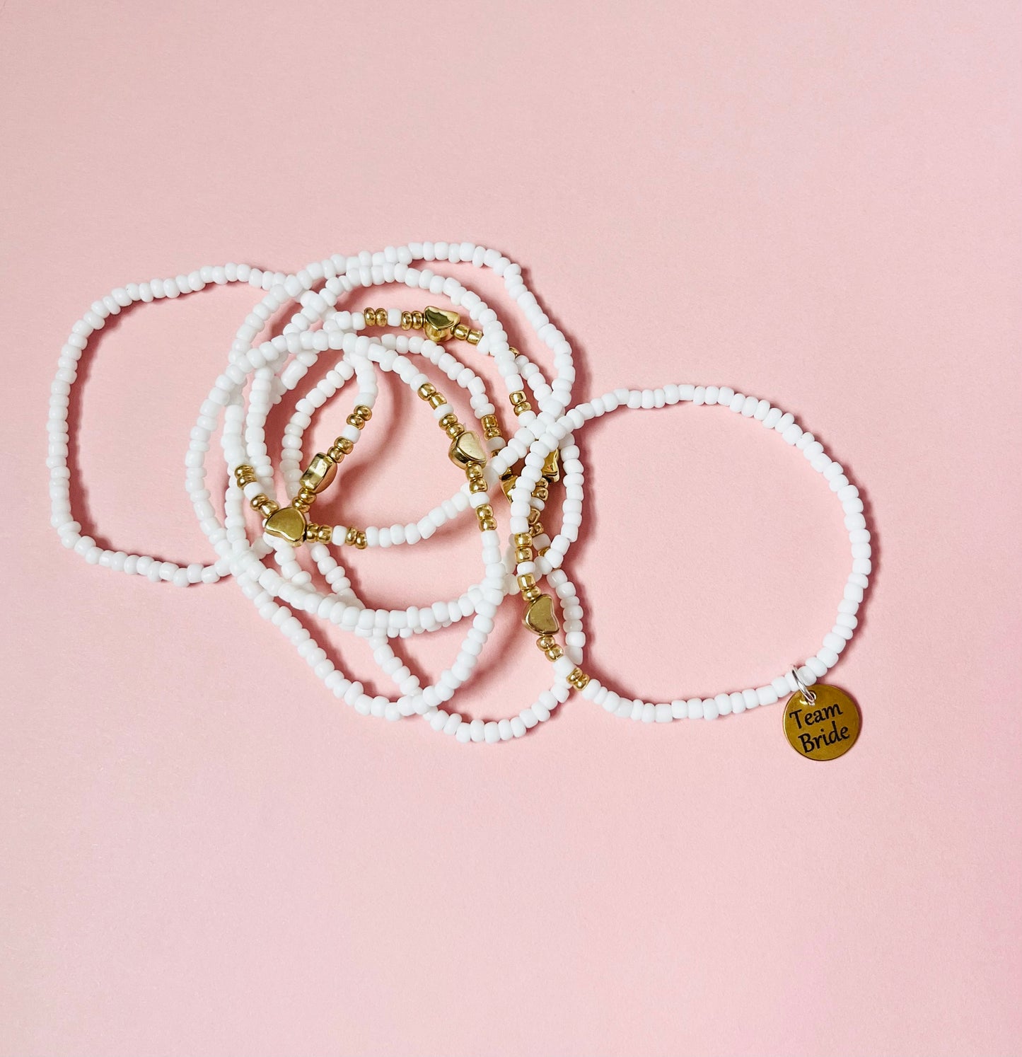 Team Bride Beaded Bracelet, Dainty Gold and White Bracelet for Bridesmaid, Engraved Hen Party Bracelet, Wedding Party Matching Bracelet,