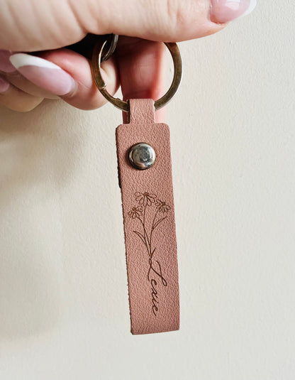 Engraved Floral Keyring Personalised with Name, Baby Pink or Sage Keychain, Bag Tag for Back to School