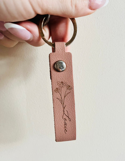 Engraved Floral Keyring Personalised with Name, Baby Pink or Sage Keychain, Bag Tag for Back to School