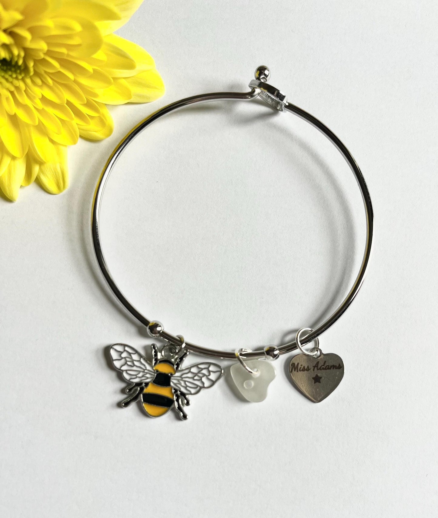 Teacher Gift  Personalised Engraved Bracelet with Bee Charm, Teacher Bangle, End of School Gift, Thank You Bracelet, Teacher Bracelet,