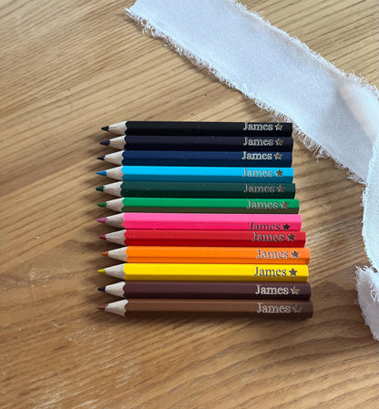 Back to School Engraved Pencil Set, Kids Colouring Pencils with Name, Personalised Crayon Set for School, Mini School Set of 12 Pencils