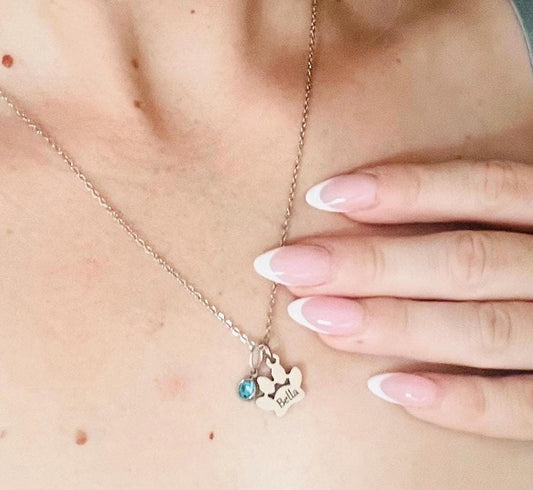 Engraved Paw Print Necklace, Custom Silver Charm Necklace, Engraved Necklace with Pet Name, Pet Memorial Necklace, Birthstone Dog Memorial