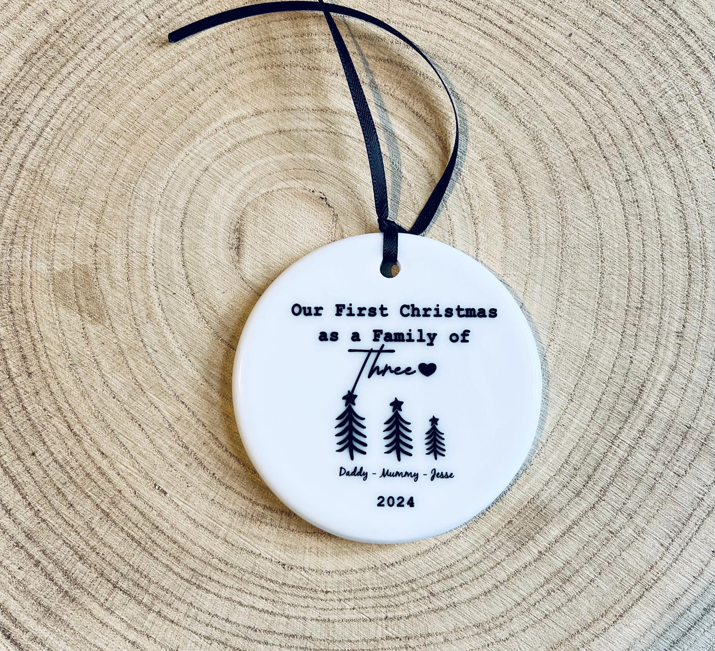 First Christmas As a Family of Three Ceramic Bauble, Personalised New Family Gift, First Xmas, Baby First Christmas Keepsake Gift, Tree