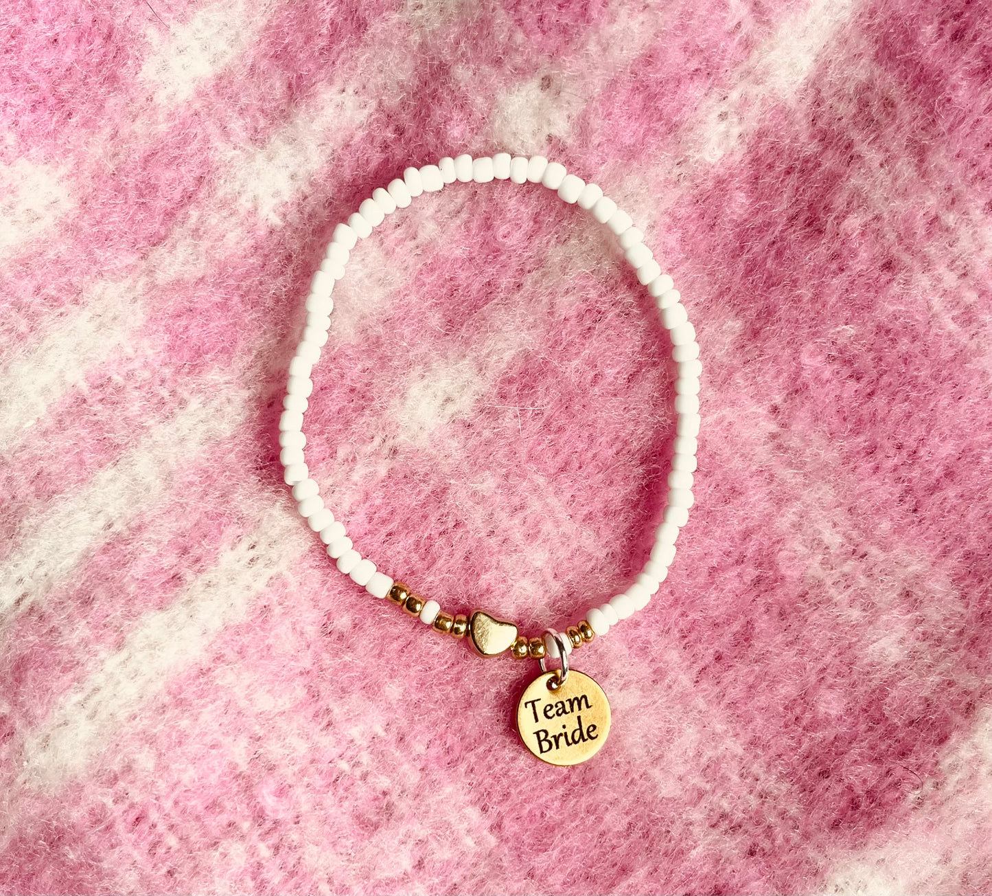 Team Bride Beaded Bracelet, Dainty Gold and White Bracelet for Bridesmaid, Engraved Hen Party Bracelet, Wedding Party Matching Bracelet,