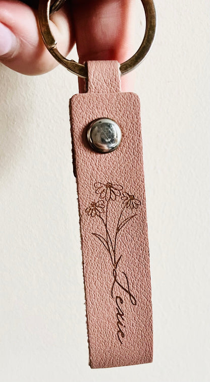Engraved Floral Keyring Personalised with Name, Baby Pink or Sage Keychain, Bag Tag for Back to School