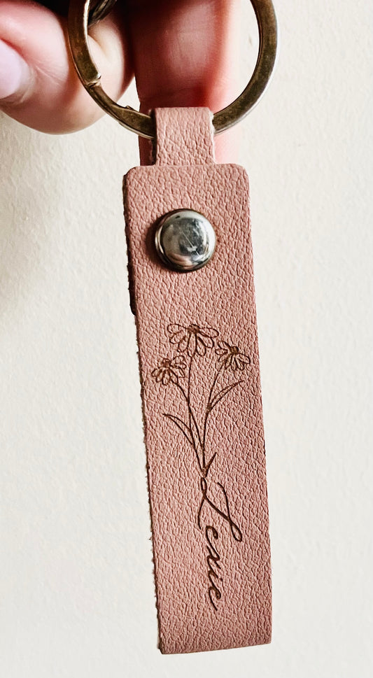 Engraved Floral Keyring Personalised with Name, Baby Pink or Sage Keychain, Bag Tag for Back to School