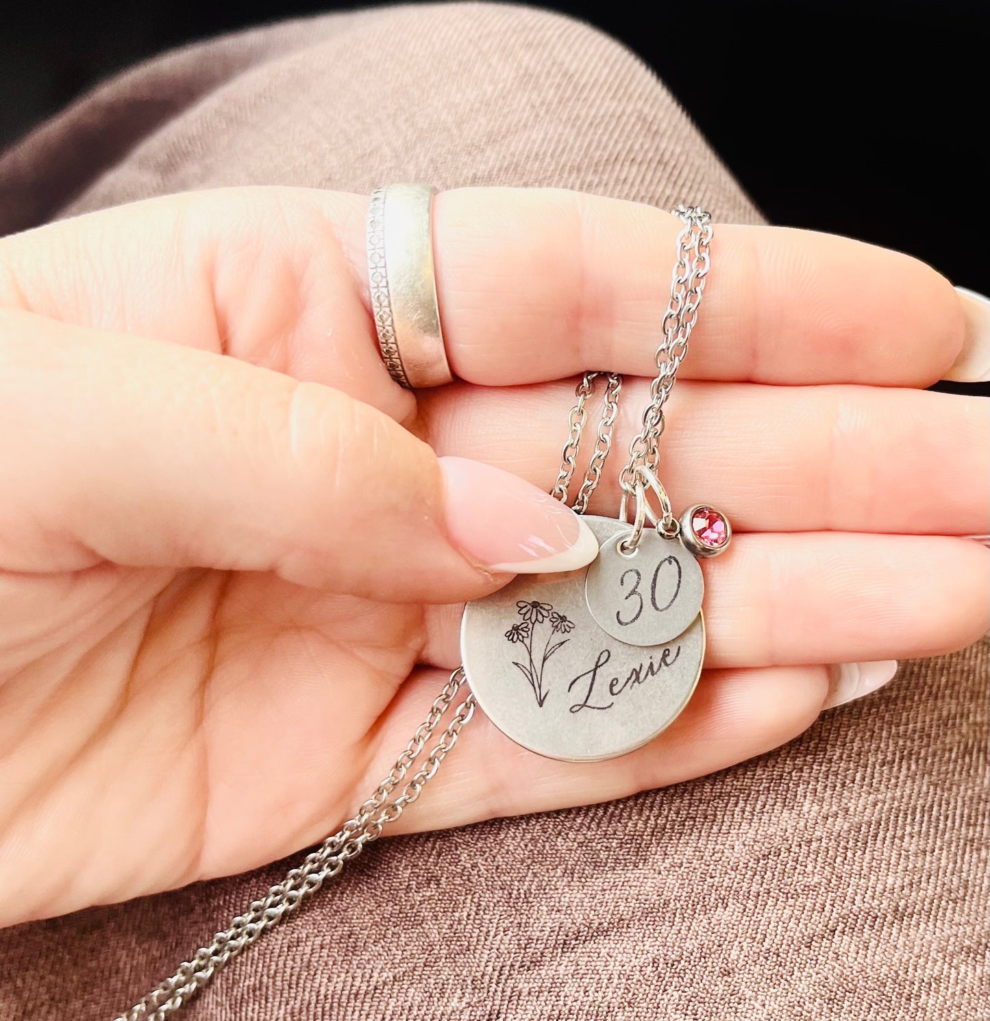 Engraved Birthstone Necklace with Name and age, Charm Necklace Personalised