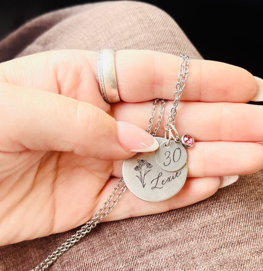 Engraved Birthstone Necklace with Name and age, Charm Necklace Personalised
