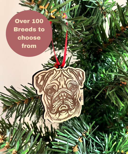 Engraved Dog Breed Xmas Ornament, Decoration for Tree Personalised with Name, Dog Gift for Pet Owner, Wooden Seasonal Bauble