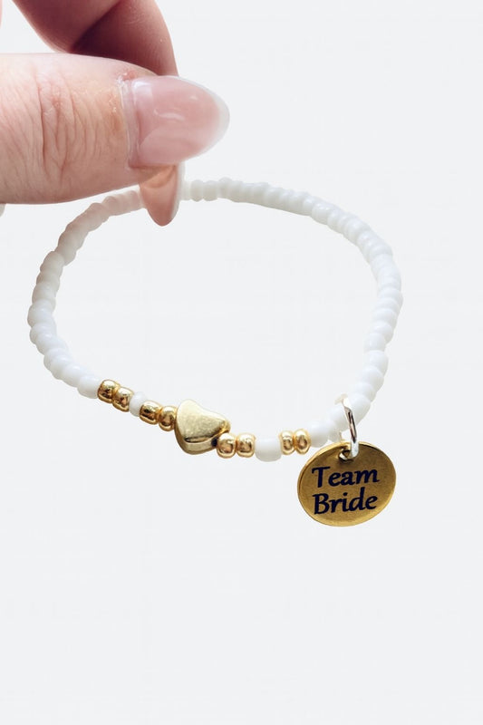 Team Bride Beaded Bracelet, Dainty Gold and White Bracelet for Bridesmaid, Engraved Hen Party Bracelet, Wedding Party Matching Bracelet,