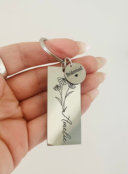 Engraved Floral Keyring Personalised with Name, Bridesmaid Keyring, Birth Flower Gift, Bridesmaid Gift, Gift for Mum, Stainless Steel Keyrin