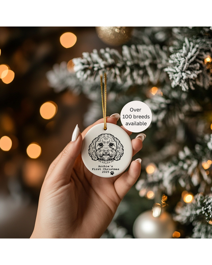 Dog's First Christmas Personalised Bauble for Tree, Puppy Keepsake Decoration with Dog Breed Print, Xmas Gift for Pet Owner, Adopted Pet