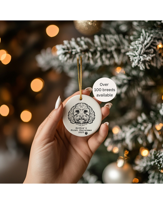 Dog's First Christmas Personalised Bauble for Tree, Puppy Keepsake Decoration with Dog Breed Print, Xmas Gift for Pet Owner, Adopted Pet