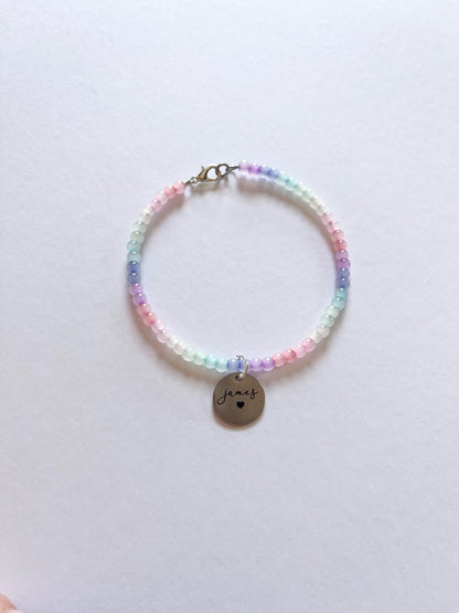 Rainbow Custom Name Engraved Bead Bracelet, Silver Charm Bracelet, Personalised Jewellery Birthday Gift, Engraved Bangle, Ladies Jewellery