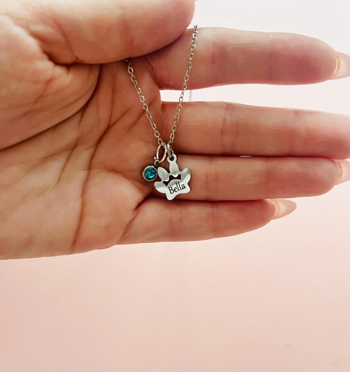 Engraved Paw Print Necklace, Custom Silver Charm Necklace, Engraved Necklace with Pet Name, Pet Memorial Necklace, Birthstone Dog Memorial