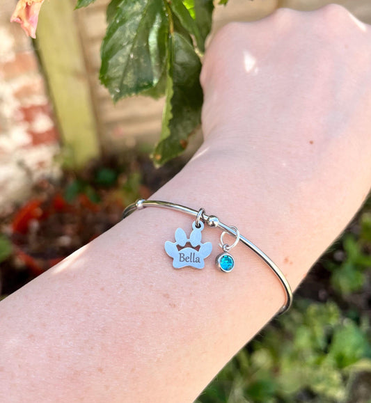 Engraved Paw Print Bangle, Custom Silver Charm Bracelet, Engraved Bracelet with Pet Name, Pet Memorial Necklace, Birthstone Dog Memorial