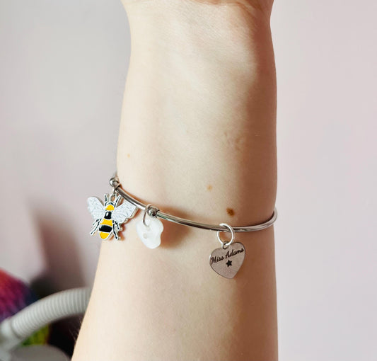 Teacher Gift  Personalised Engraved Bracelet with Bee Charm, Teacher Bangle, End of School Gift, Thank You Bracelet, Teacher Bracelet,