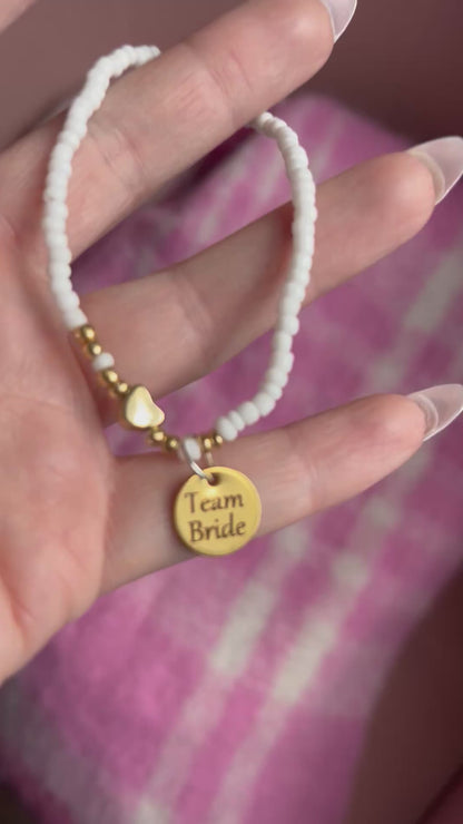 Team Bride Beaded Bracelet, Dainty Gold and White Bracelet for Bridesmaid, Engraved Hen Party Bracelet, Wedding Party Matching Bracelet,