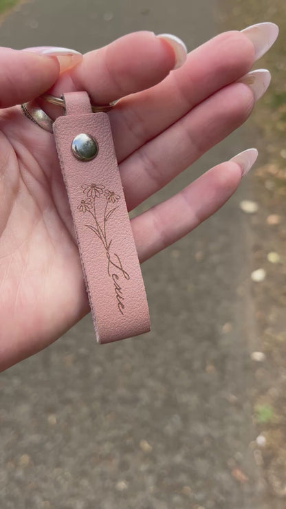 Engraved Floral Keyring Personalised with Name, Baby Pink or Sage Keychain, Bag Tag for Back to School