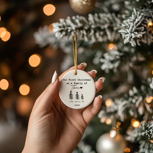 First Christmas As a Family of Three Ceramic Bauble, Personalised New Family Gift, First Xmas, Baby First Christmas Keepsake Gift, Tree